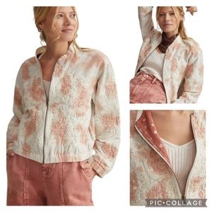 Anthropologie Cream and Dusty Rose Quilted Zip Jacket